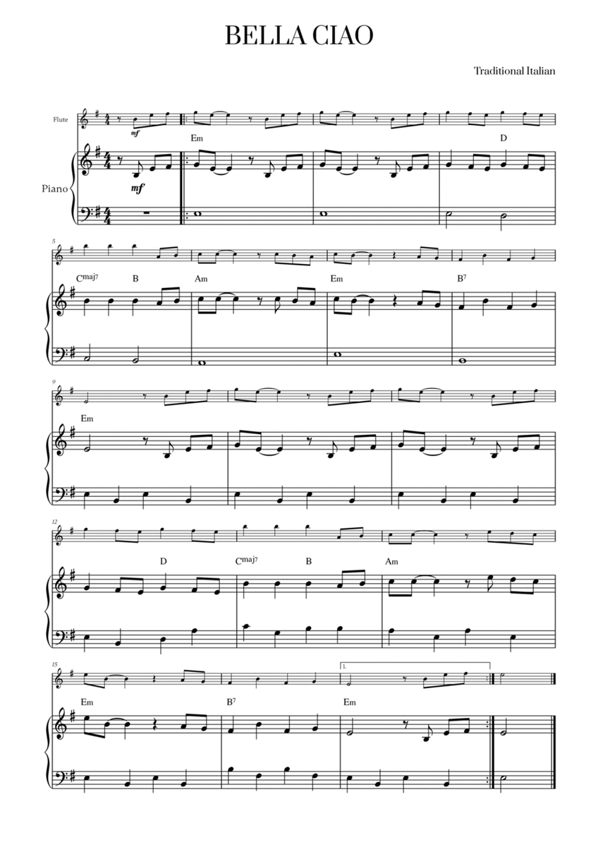Bella Ciao with chords for Flute and Piano image number null