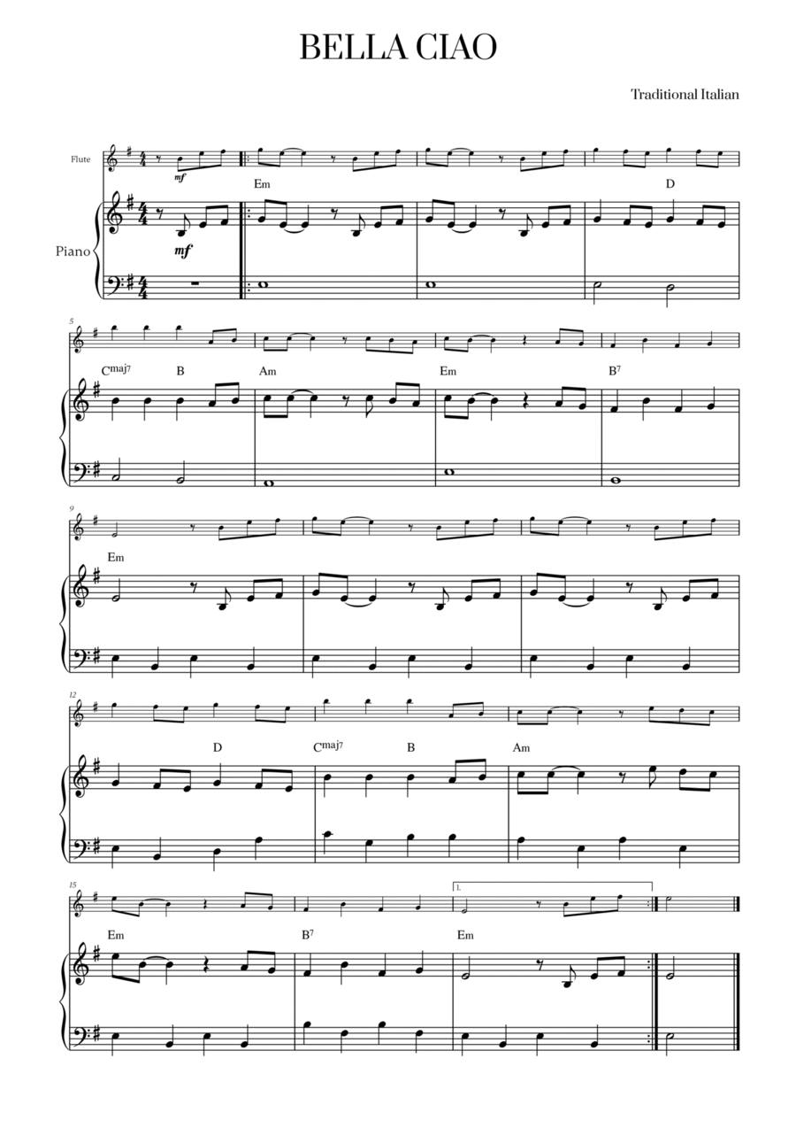 Bella Ciao with chords for Flute and Piano Flute Solo scores gallery preview page 1