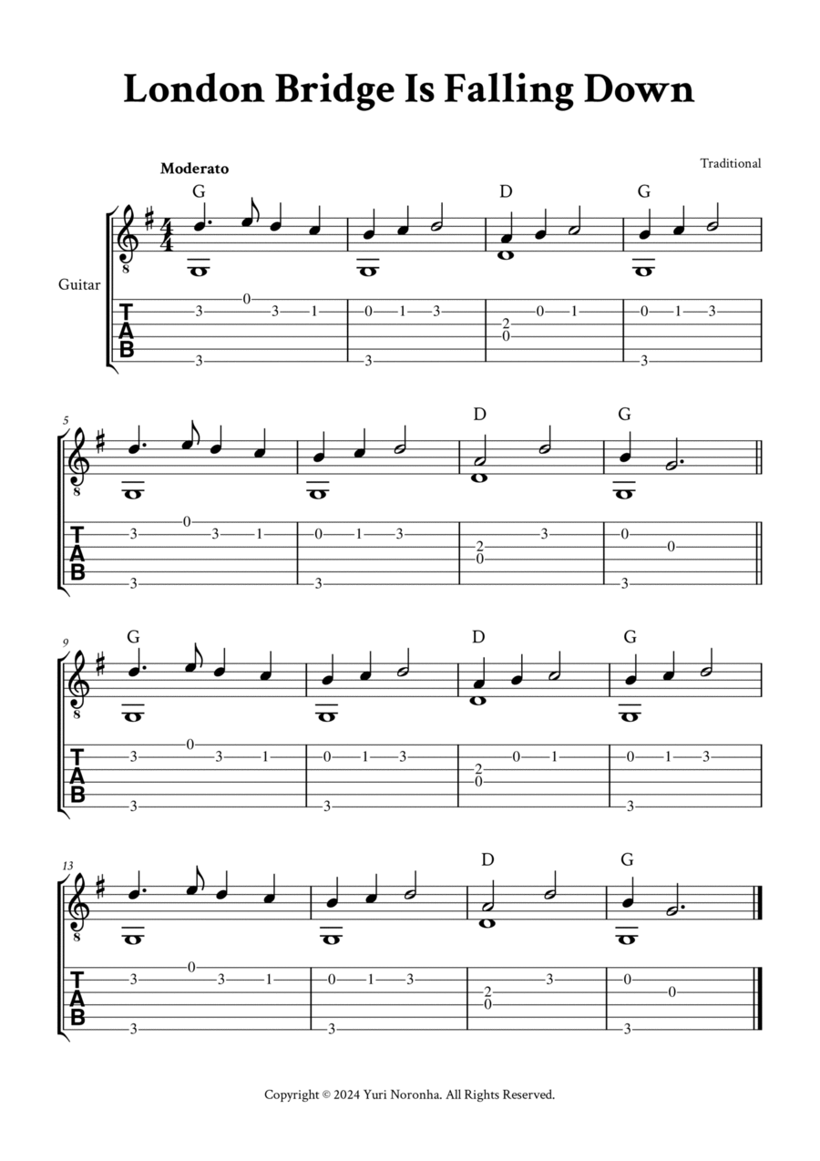 London Bridge Is Falling Down - Easy Fingerstyle Guitar (with TAB, Chords) Acoustic Guitar scores gallery preview page 1