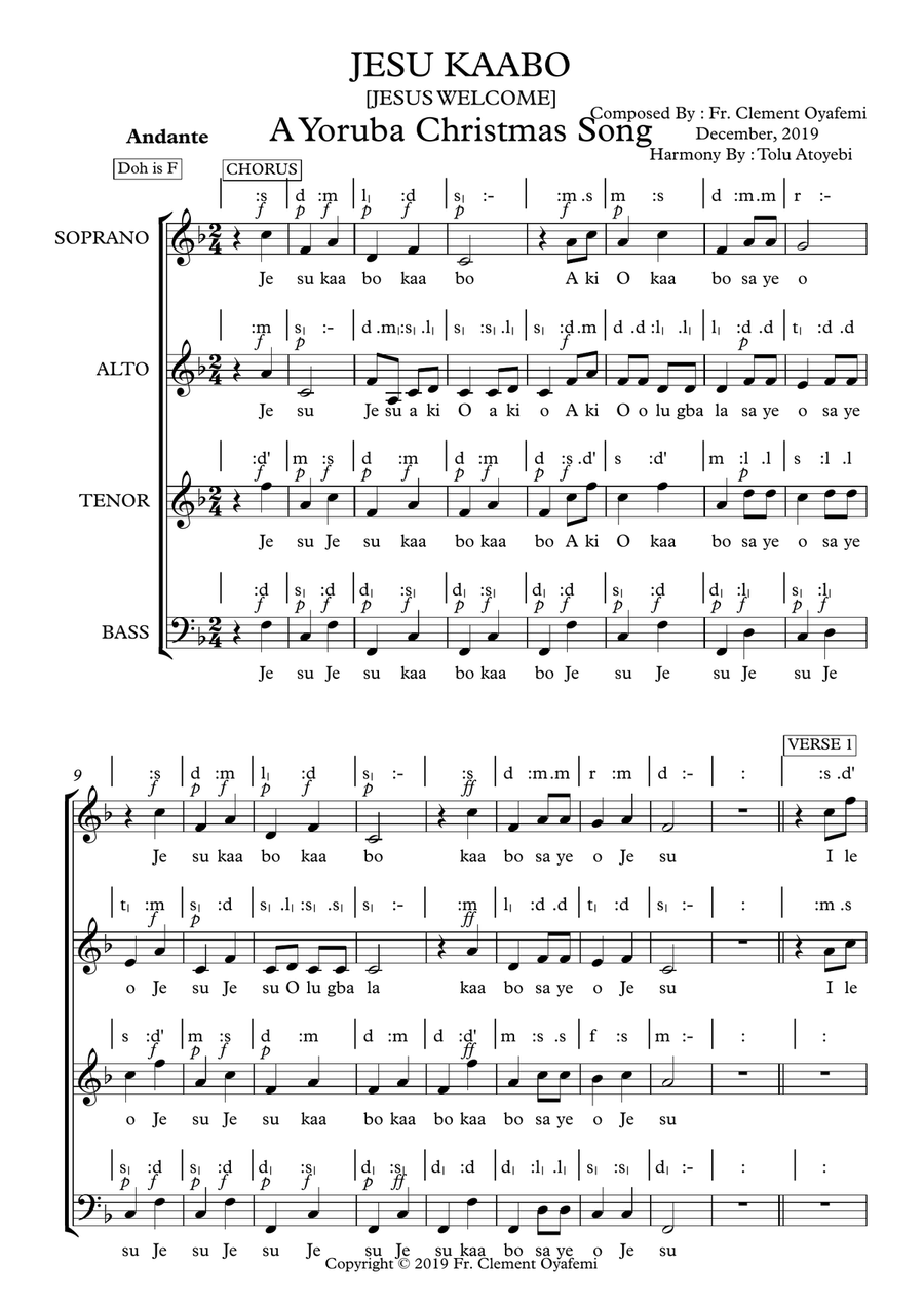 Jésù Kaabo (Jesus, welcome) A Yoruba Christmas song. Divisi scores gallery preview page 1