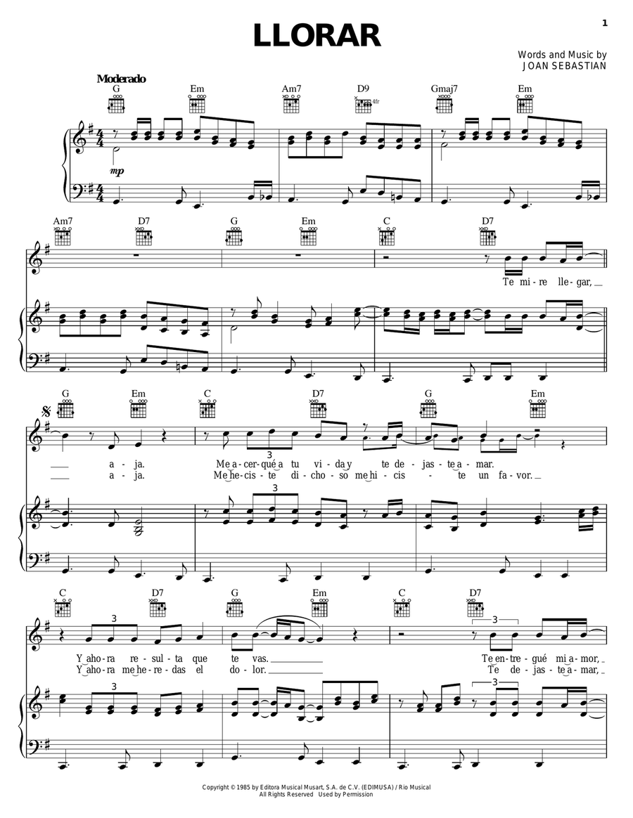 Llorar Piano, Vocal, Guitar scores gallery preview page 1