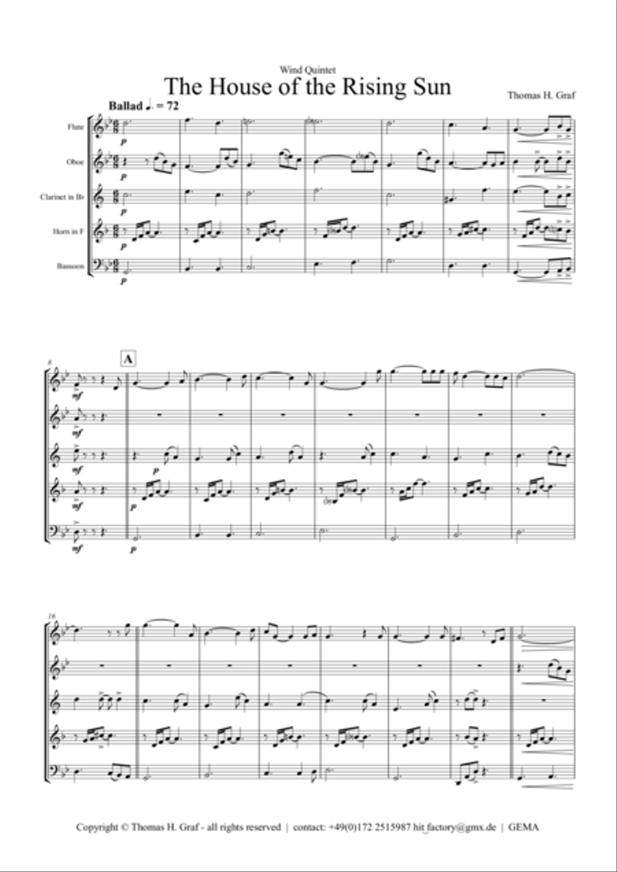 The house of the rising sun - Folk Song - Wind Quintet Woodwind Quintet scores gallery preview page 1