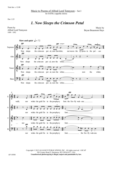Now Sleeps the Crimson Petal - SATB a cappella (Set I-Tennyson Poems)