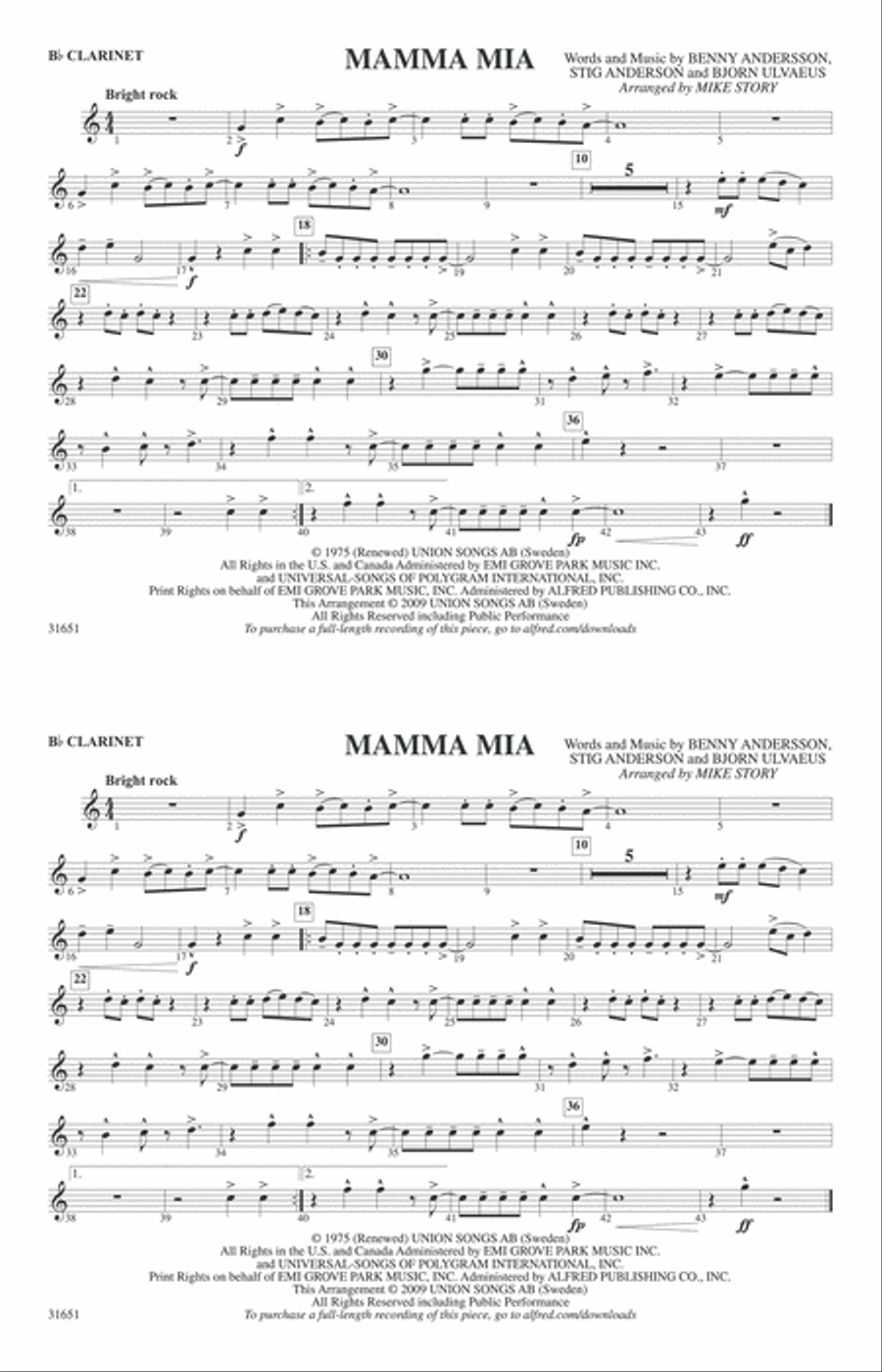 Mamma Mia: 1st B-flat Clarinet Marching Band scores gallery preview page 1