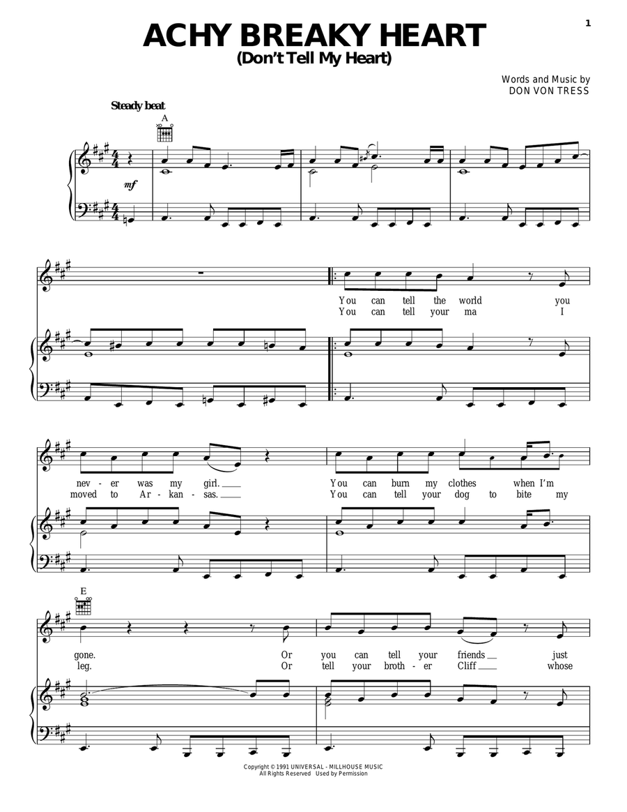 Achy Breaky Heart (Don't Tell My Heart) Piano, Vocal, Guitar scores gallery preview page 1