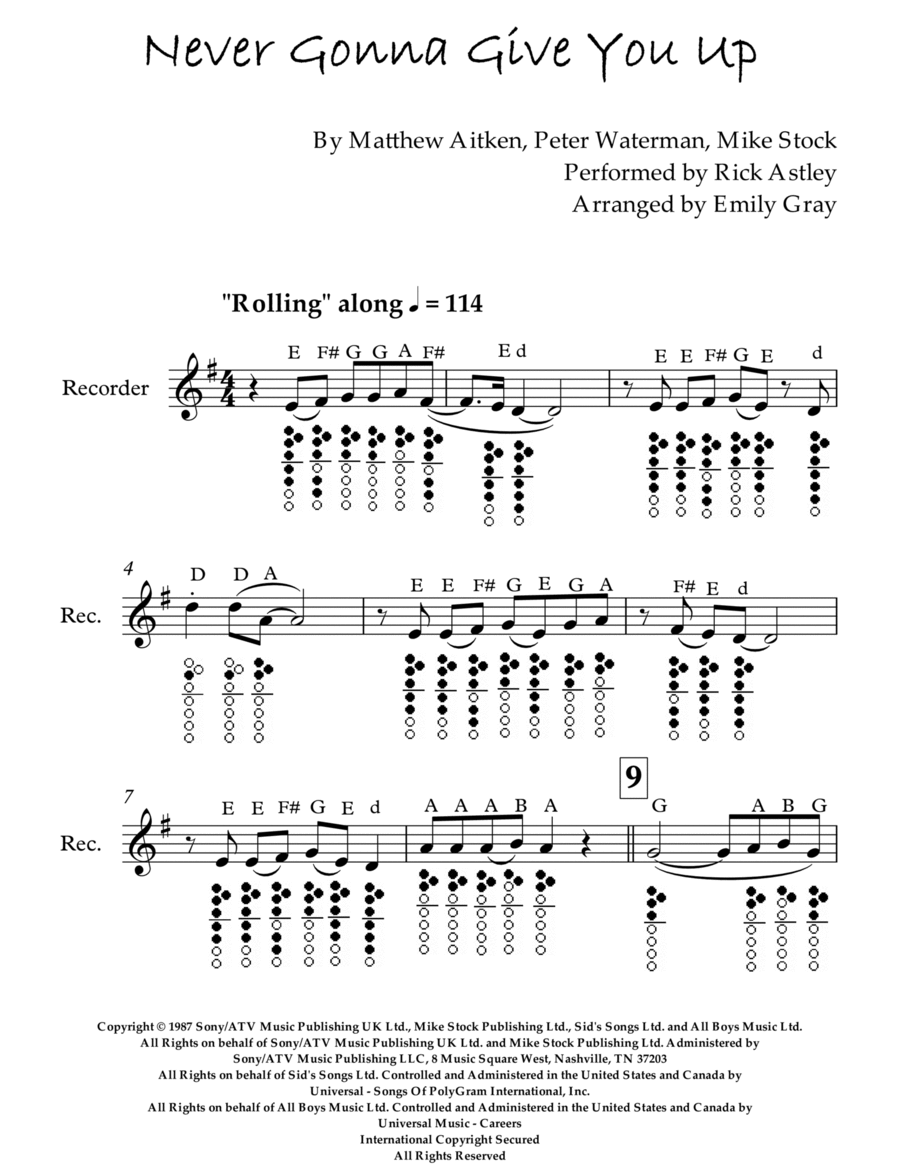 Never Gonna Give You Up Recorder scores gallery preview page 1