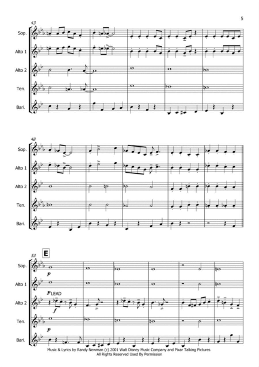Monsters Inc. Saxophone Quartet scores gallery preview page 5