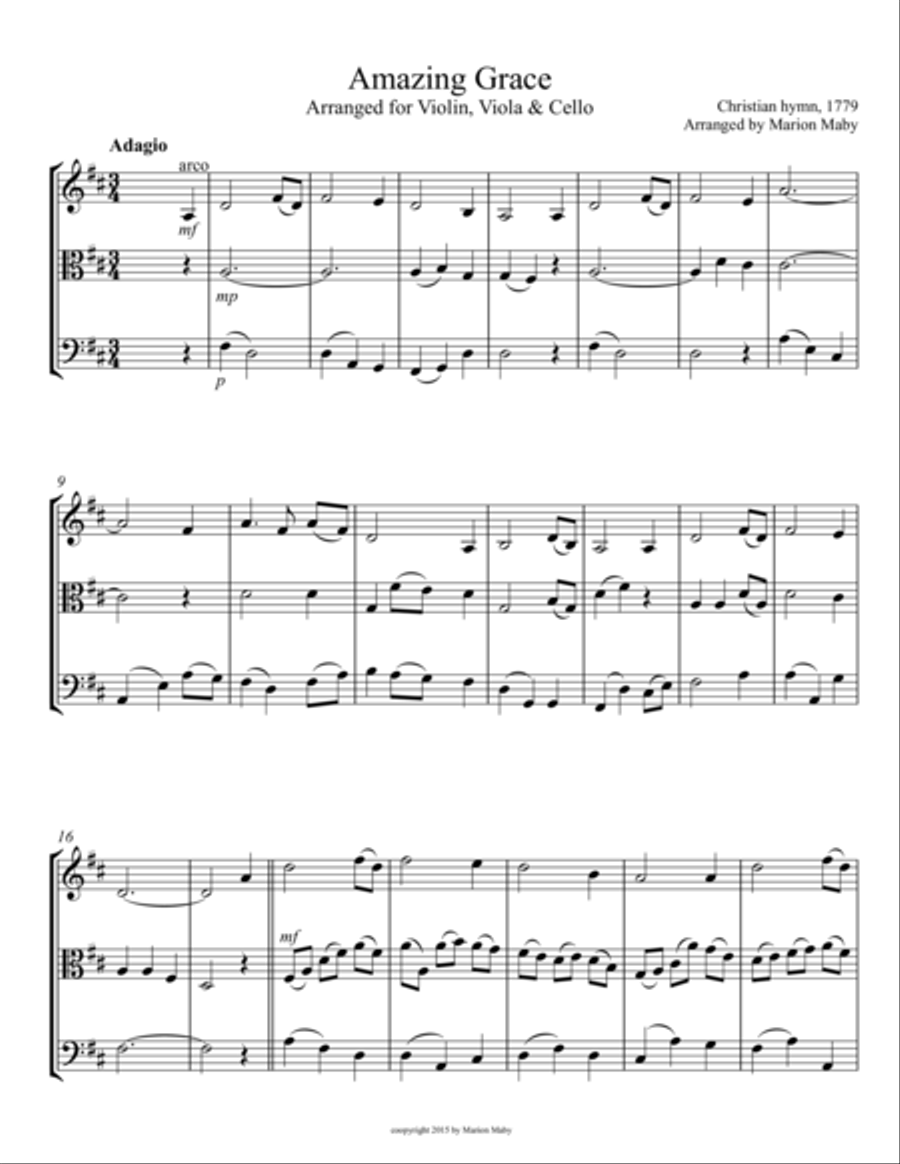 Amazing Grace for String Trio (vln., vla., cello) String Trio scores gallery preview page 1