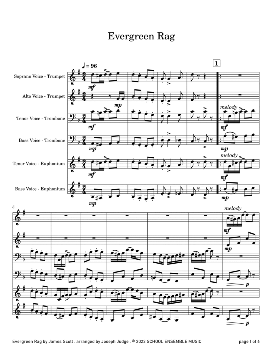 Evergreen Rag by James Scott for Brass Quartet in Schools Brass Quartet scores gallery preview page 1