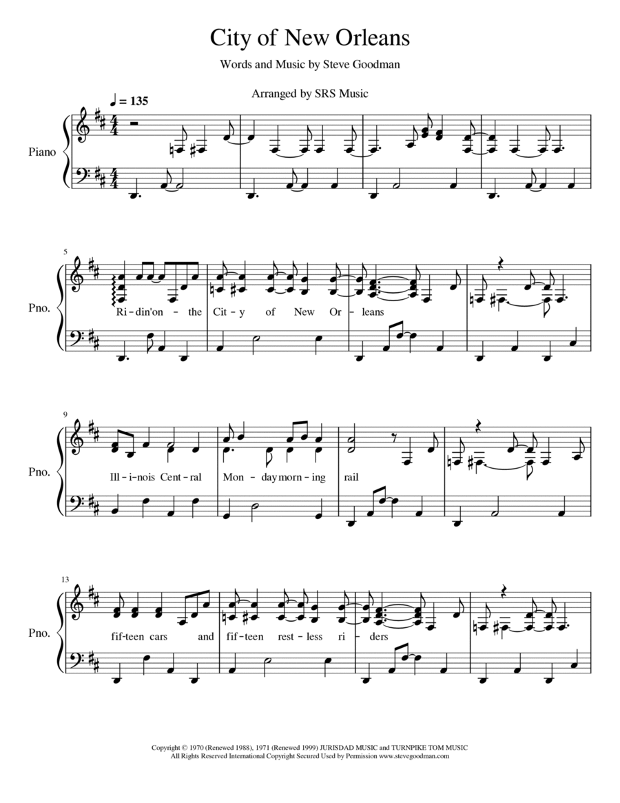 City Of New Orleans Piano Solo scores gallery preview page 1