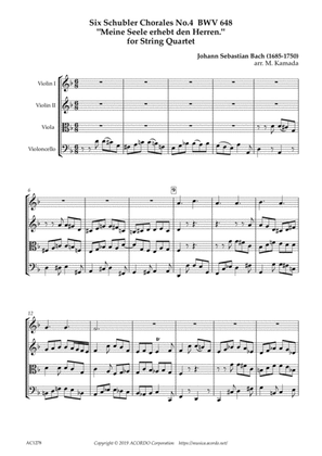 Six Schubler Chorales No.4 BWV648 "Meine Seele erhebt den Herren." for String Quartet