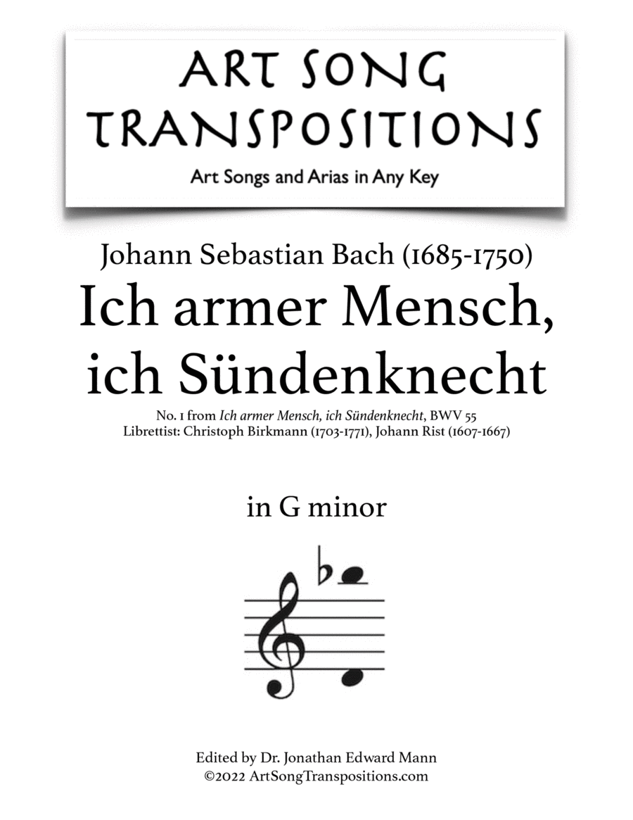 Book cover for BACH: Ich armer Mensch, ich Sündenknecht, BWV 55 (transposed to G minor and F-sharp minor)