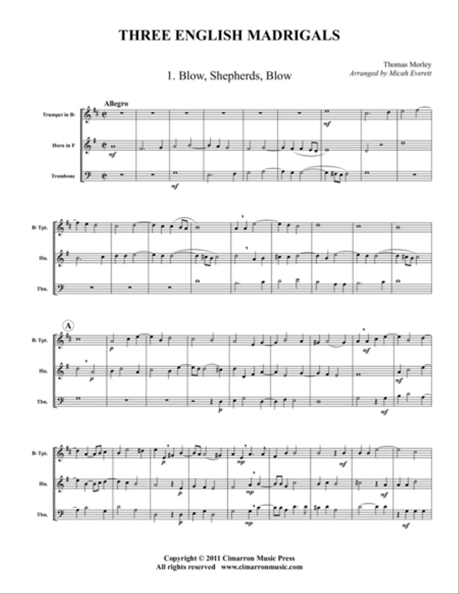 Three English Madrigals Brass Trio scores gallery preview page 1