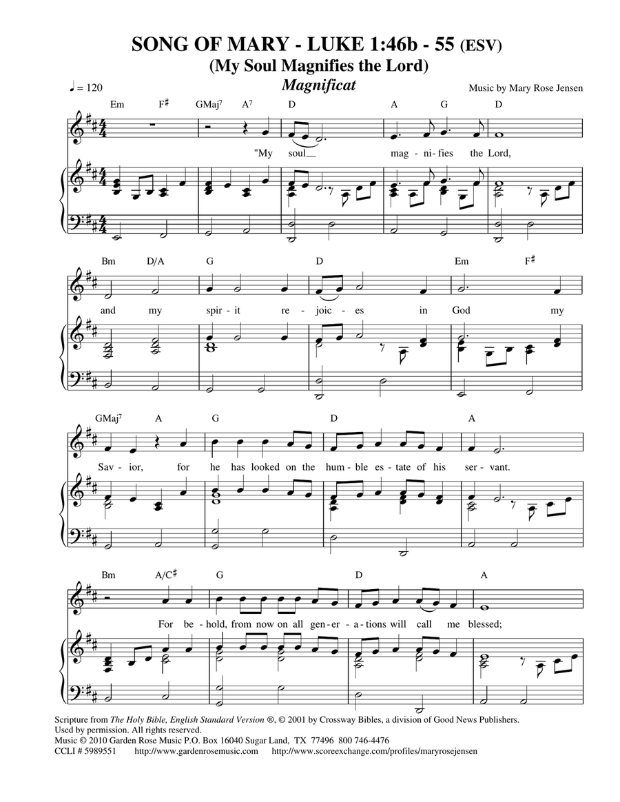 Song of Mary - Magnificat (My Soul Magnifies the Lord - Luke 1:46b-55 ESV) Unison Choir scores gallery preview page 1