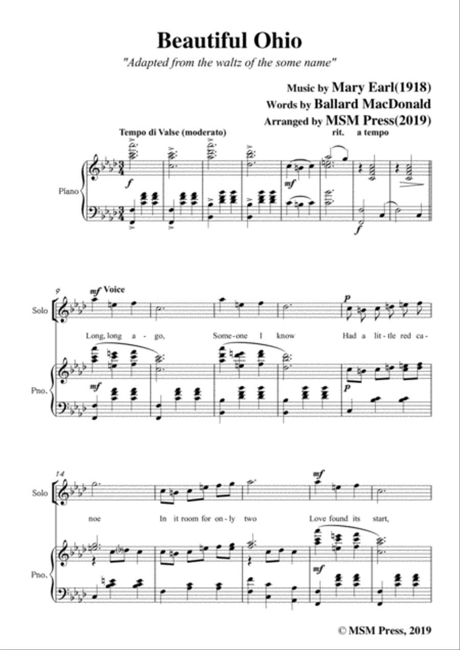 Mary Earl-Beautiful Ohio,in A flat Major,for Voice and Piano Voice Solo scores gallery preview page 3