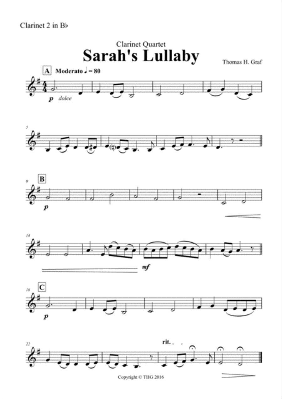 Sarah's Lullaby - Grade 2 - Clarinet Quartet