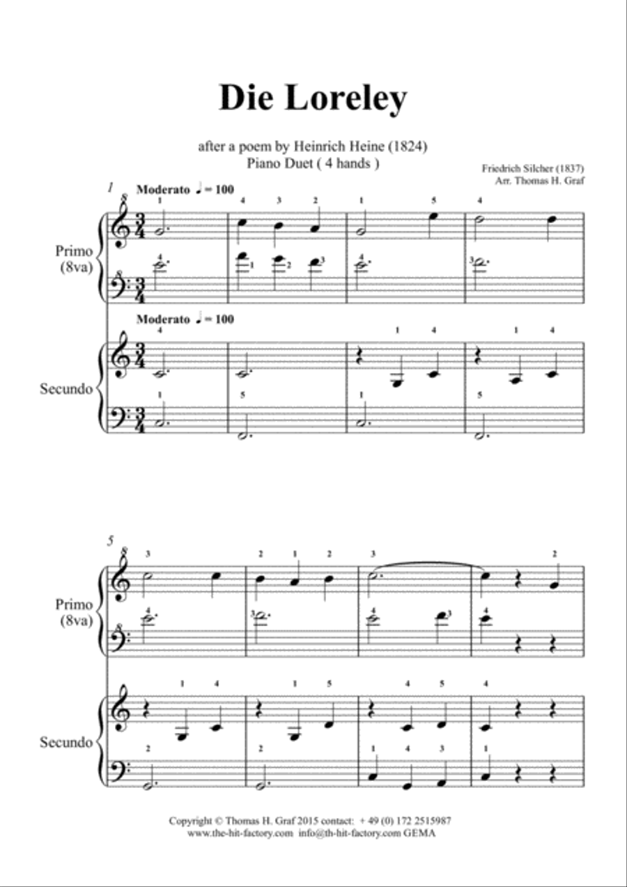 Die Loreley - Ich weiß nicht was soll es bedeuten - German Folk Song - Piano Duet (4 Hands) Easy Piano scores gallery preview page 1