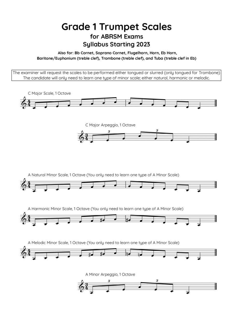 Trumpet Scales Grade 1. For the new ABRSM Syllabus from 2023. B-Flat Trumpet - Digital Sheet Music