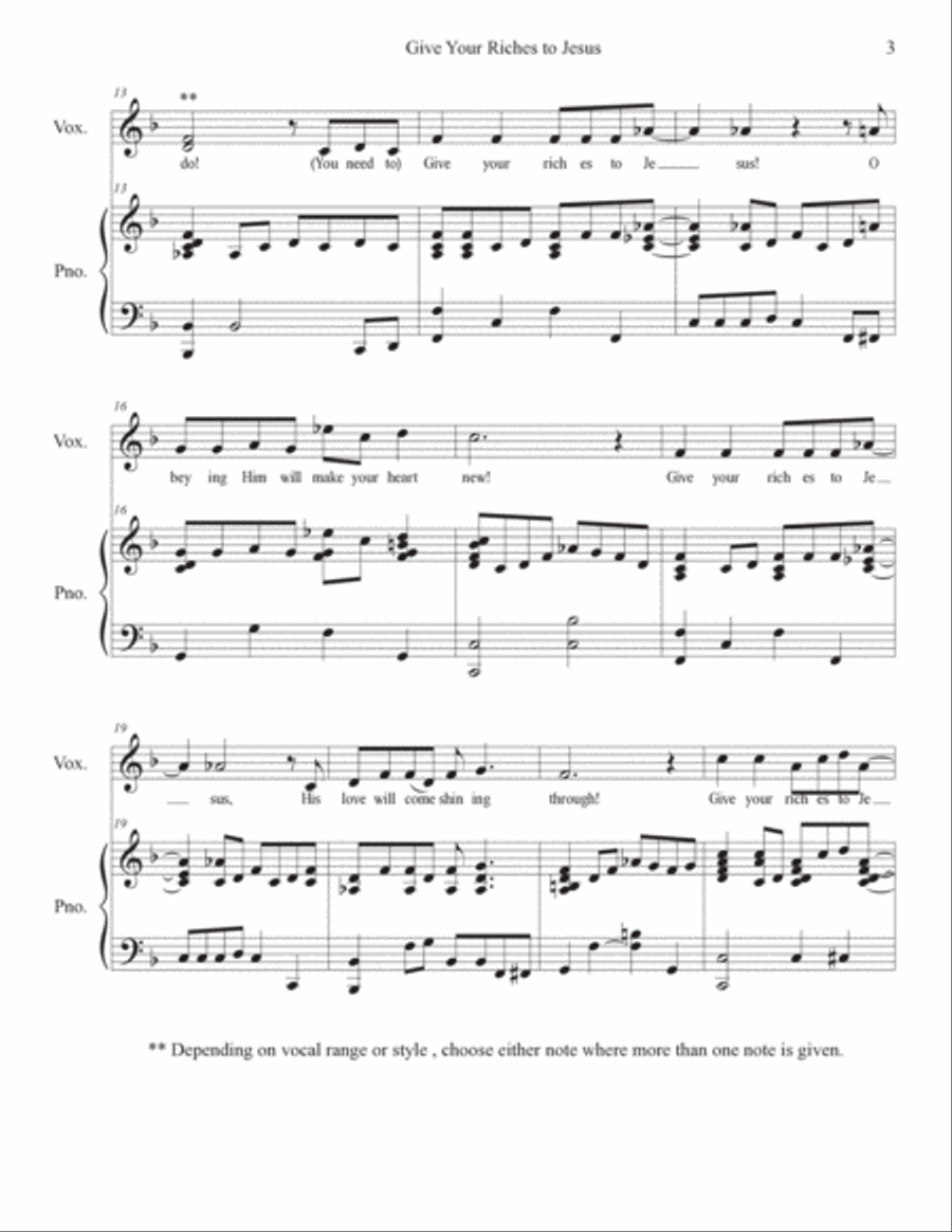 Give Your Riches to Jesus. Vocal Solo