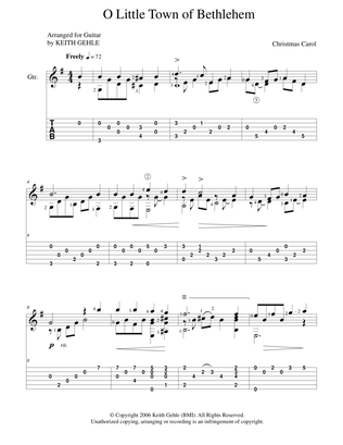 Book cover for "O Little Town of Bethlehem" for solo classical fingerstyle guitar (+TAB)