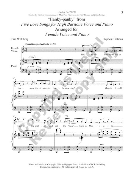 Hanky-panky from Five Love Songs for High Baritone Voice and Piano Arranged for Female Voice and Piano