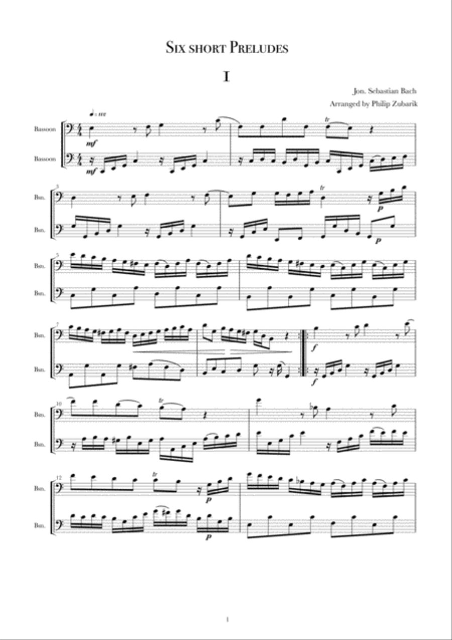 Six Short Preludes by Bach arranged for 2 Bassoons or 2 Cellos. Small Ensemble scores gallery preview page 2