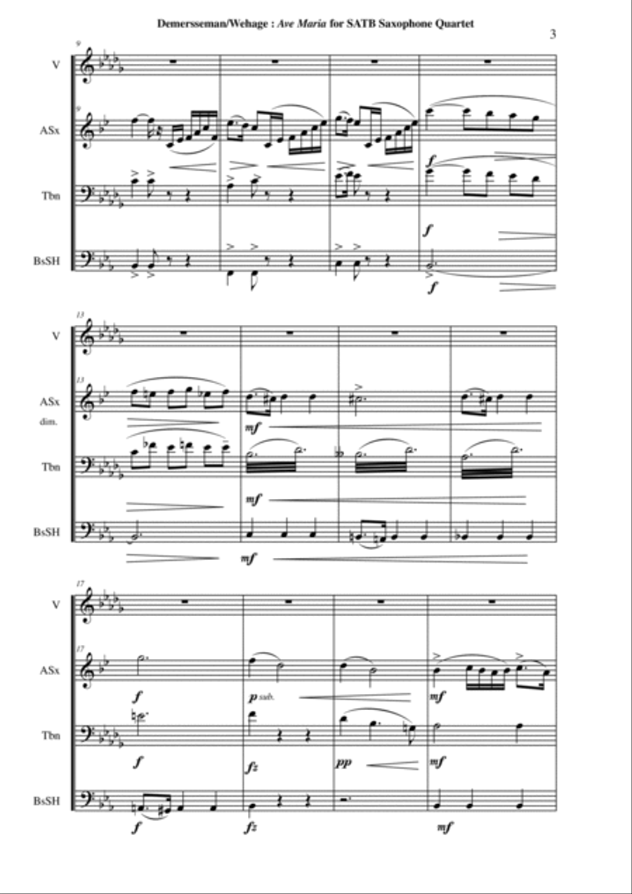 Jules Demersseman : Ave Maria for medium voice, alto saxophone, valve trombone and Bb bass saxhorn Small Ensemble scores gallery preview page 3