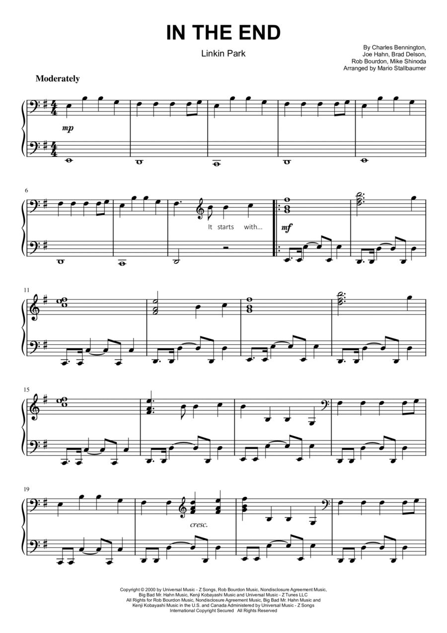 In The End Piano Solo scores gallery preview page 1