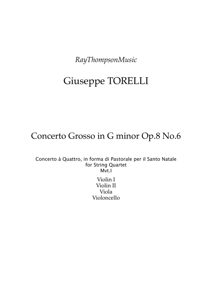 Torelli: Concerto Grosso in G minor (Christmas Concerto) Op.8 No.6 Mvt.1 - string quartet String Quartet scores gallery preview page 1