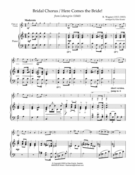 Bridal Chorus / Here Comes the Bride! for flute and easy piano