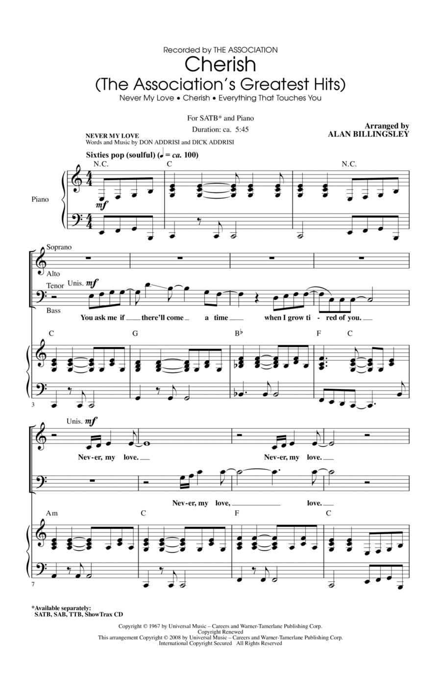 Cherish (The Association's Greatest Hits) 4-Part scores gallery preview page 1
