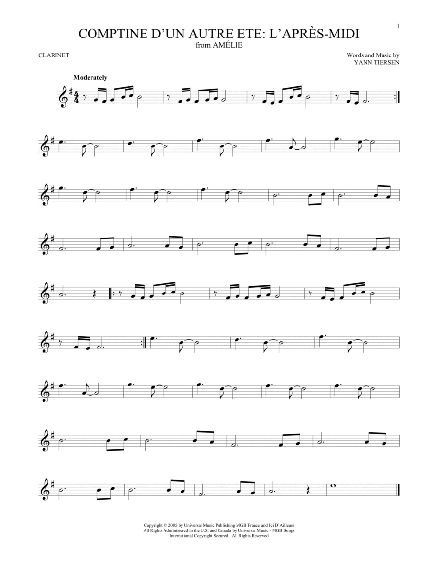 Comptine d'un autre été: L'après-midi (from Amelie) Clarinet Solo scores gallery preview page 1