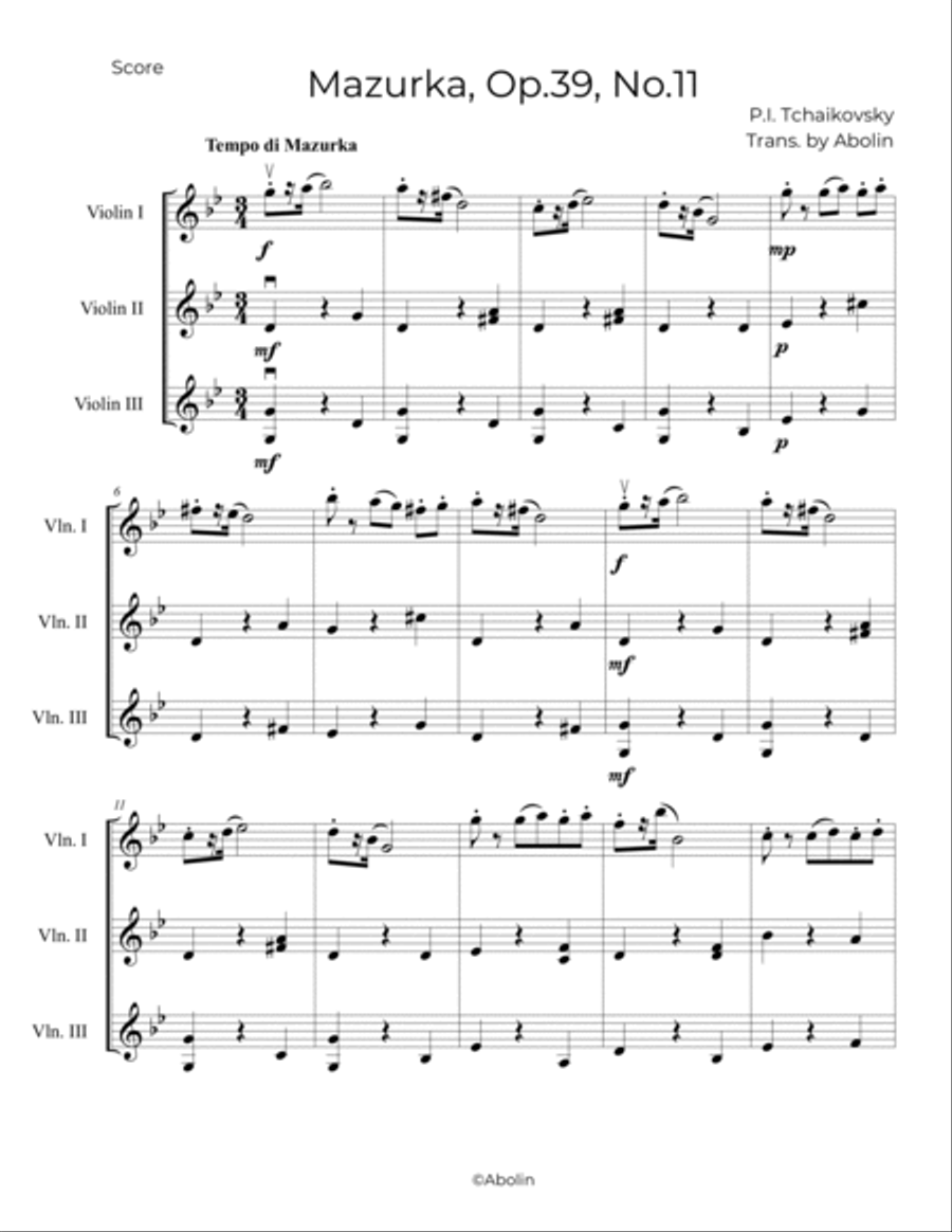 Tchaikovsky: Mazurka, Op.39, No.11 - for Violin Trio (Violin Choir) Choir scores gallery preview page 2