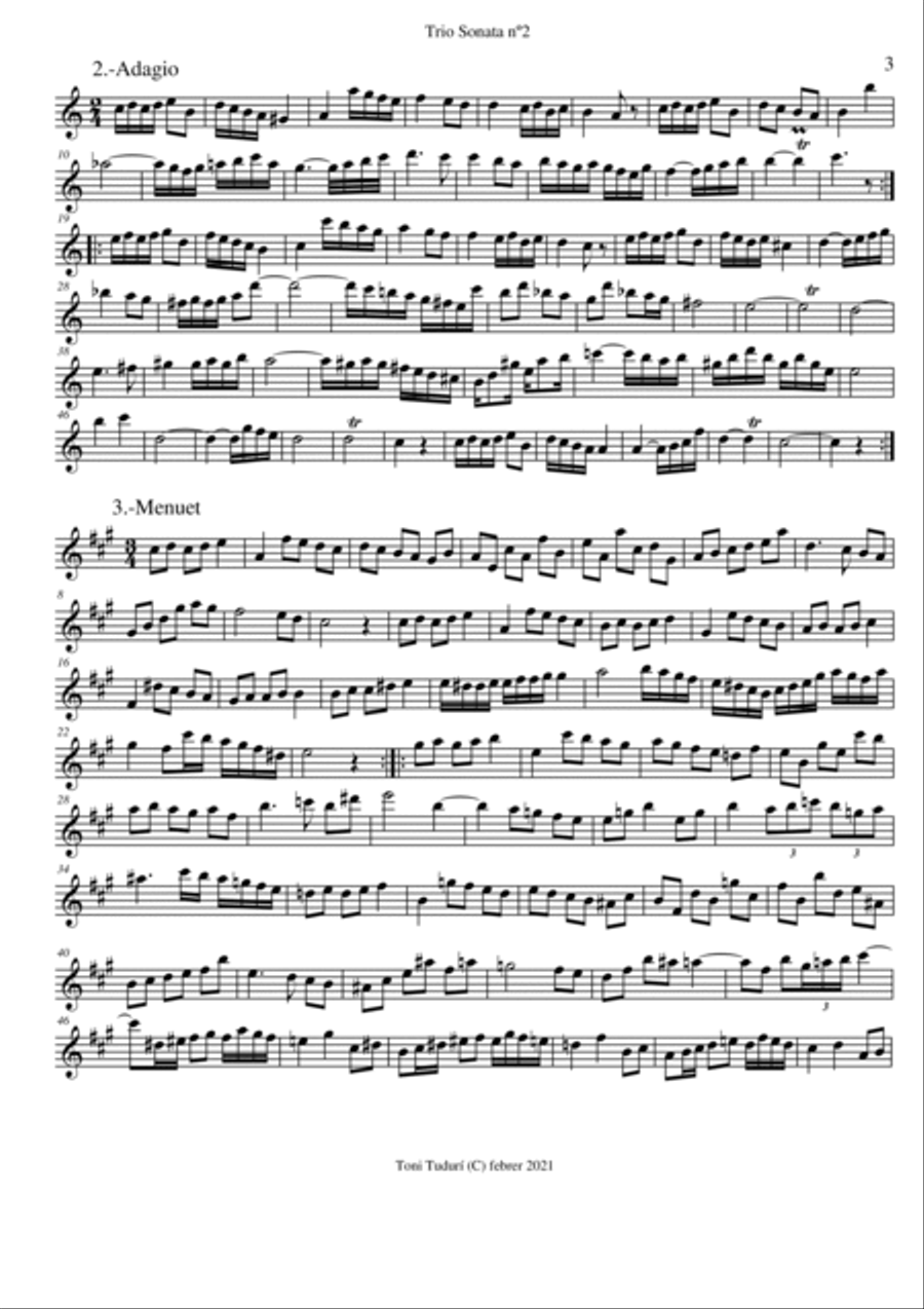 Trio sonata nº2 in A Major for flute, violin & cello, 2 violins & cello and basso continuo (PARTS D Small Ensemble scores gallery preview page 3
