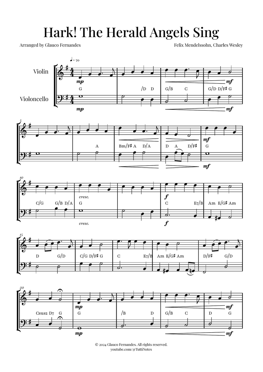 Hark! The Herald Angels Sing Duet Arrangement | Christmas Carol Sheet Music String Duet scores gallery preview page 1