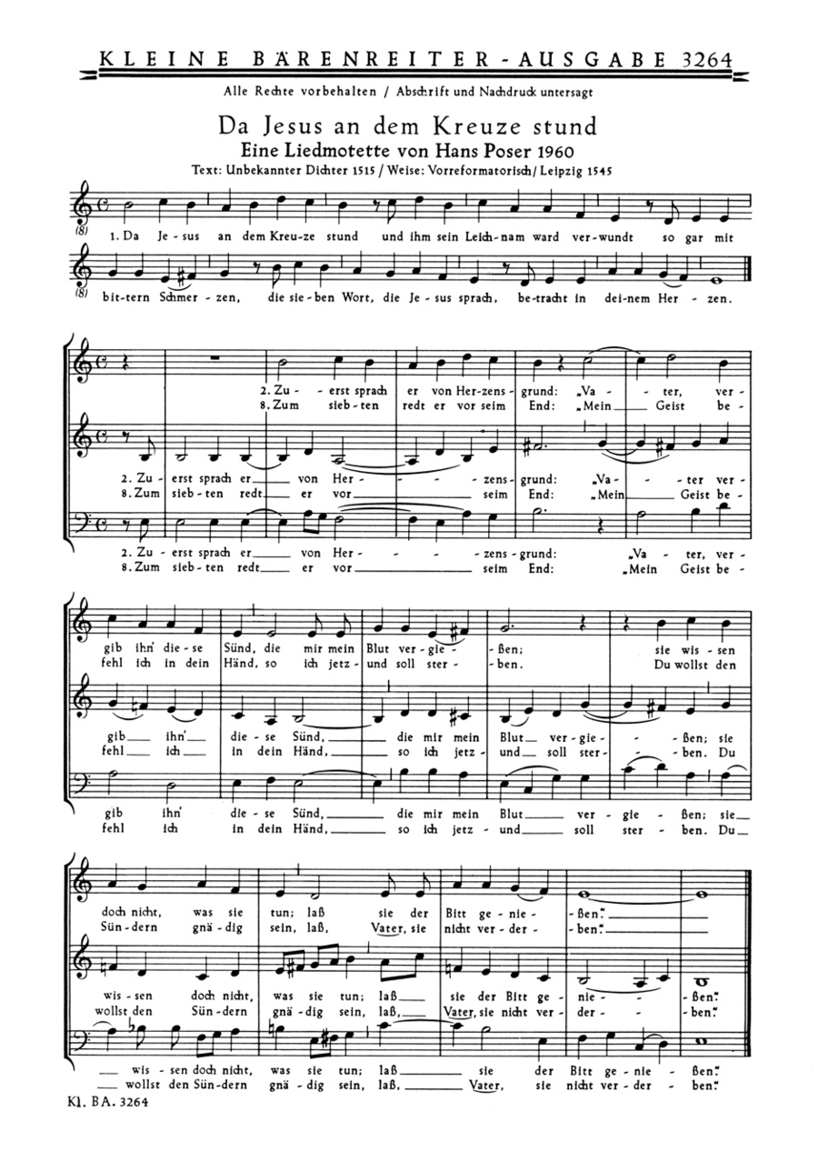 Da Jesus an dem Kreuze stund (Liedmotette) (1960) - O Welt, sieh hier dein Leben (Liedsatz) (1961) 3-Part scores gallery preview page 1