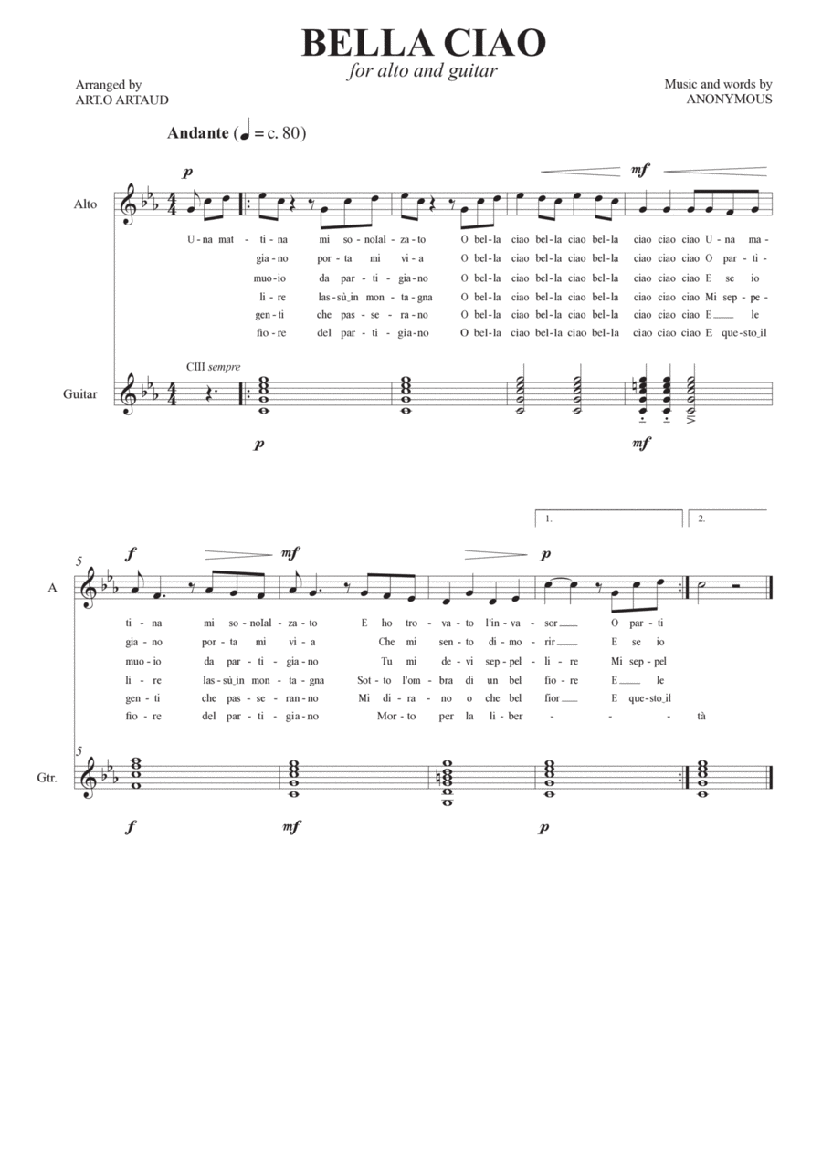 Bella Ciao Bella Ciao Acoustic Guitar scores gallery preview page 1
