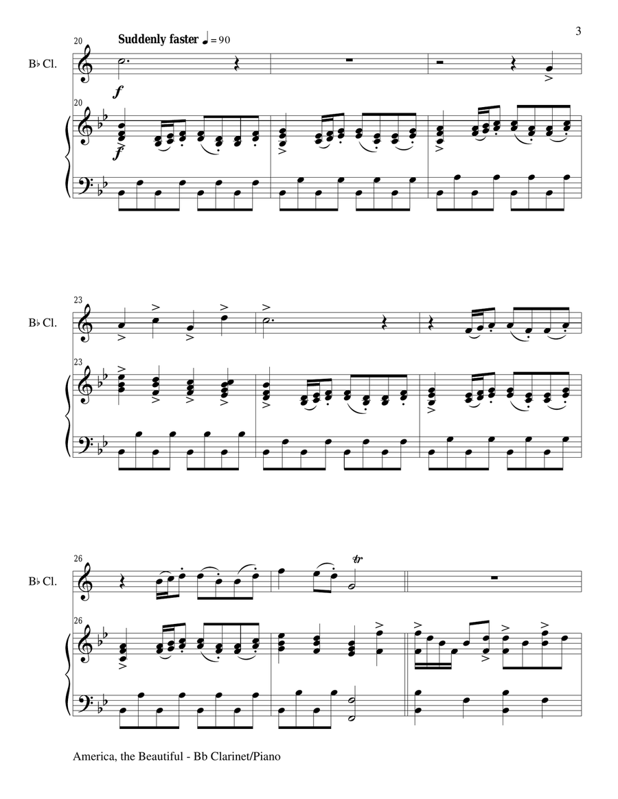 AMERICA, THE BEAUTIFUL (Duet – Bb Clarinet and Piano/Score and Parts) Woodwind Duet scores gallery preview page 3