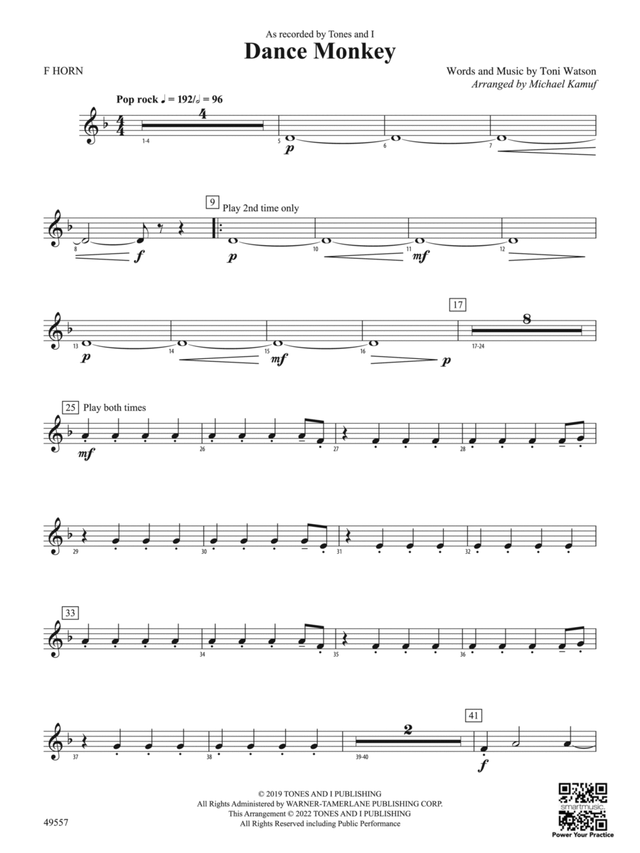 Dance Monkey: 1st F Horn Concert Band scores gallery preview page 1