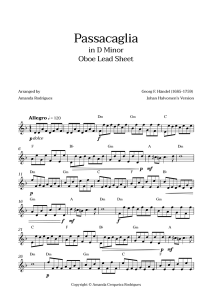 Passacaglia - Easy Oboe Lead Sheet in Fm Minor (Johan Halvorsen's Version) image number null