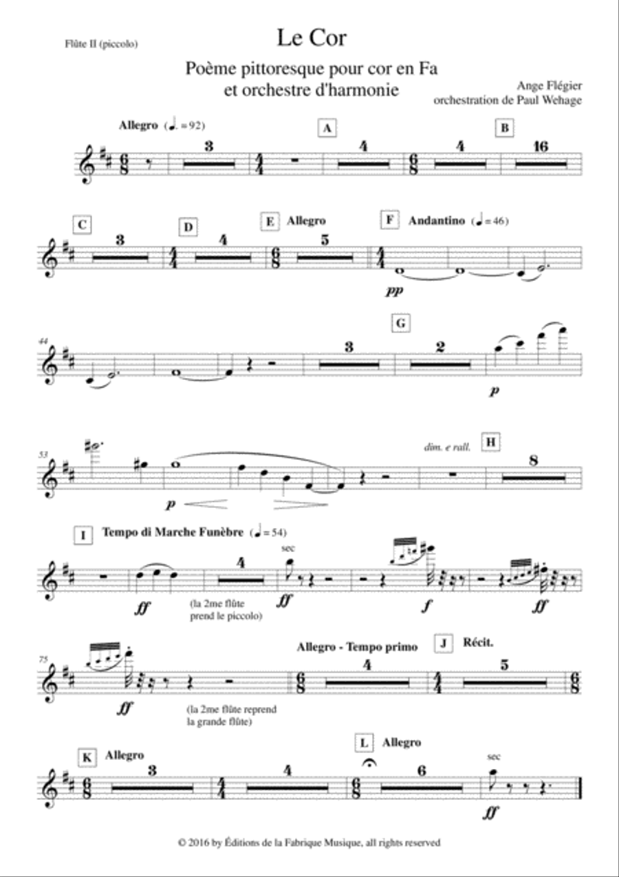 Ange Flégier: Le Cor for solo horn and concert band, flute 2 (piccolo) part Concert Band scores gallery preview page 1