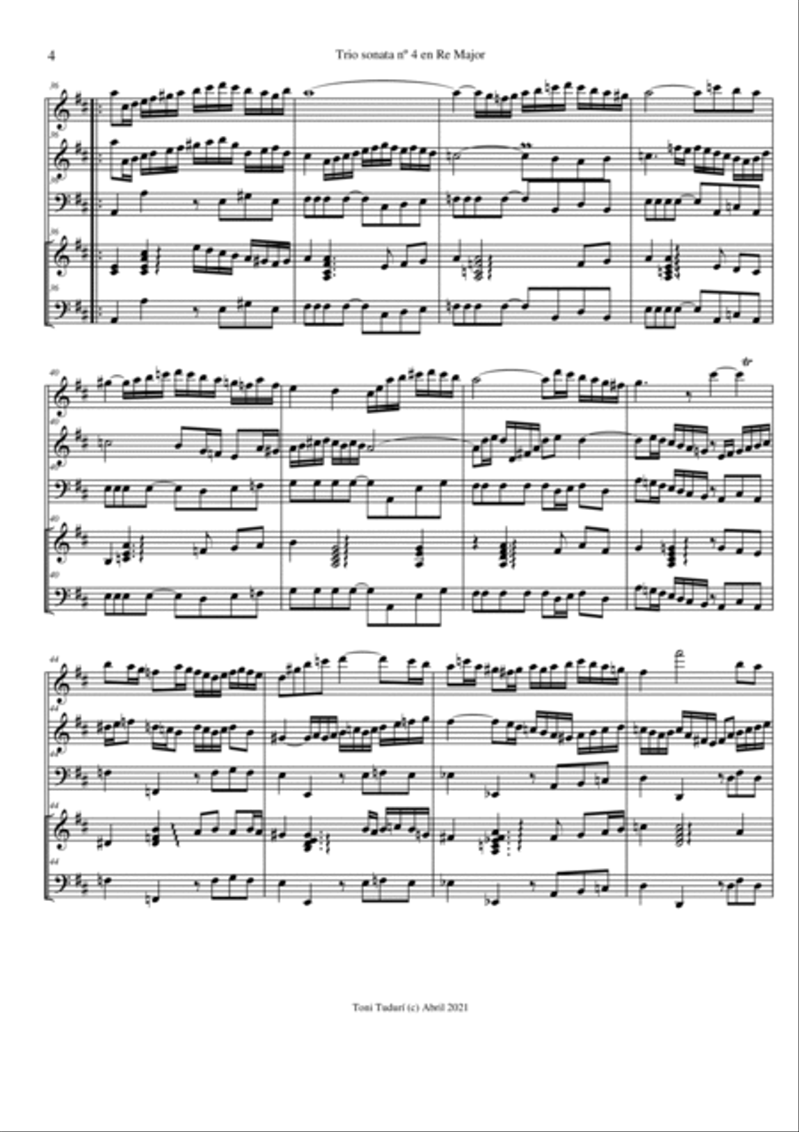 Trio sonata nº4 in D Major for flute, violin & cello or 2 violins & cello and basso continuo (SCORE Small Ensemble scores gallery preview page 4