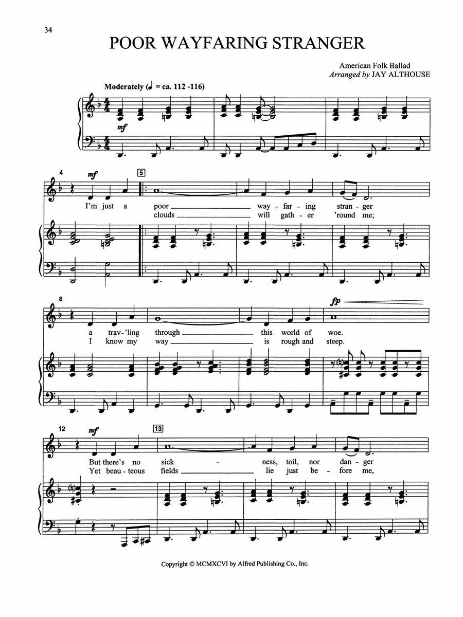 Poor Wayfaring Stranger - Piano/Vocal Solo (Medium Low) Piano, Vocal scores gallery preview page 1