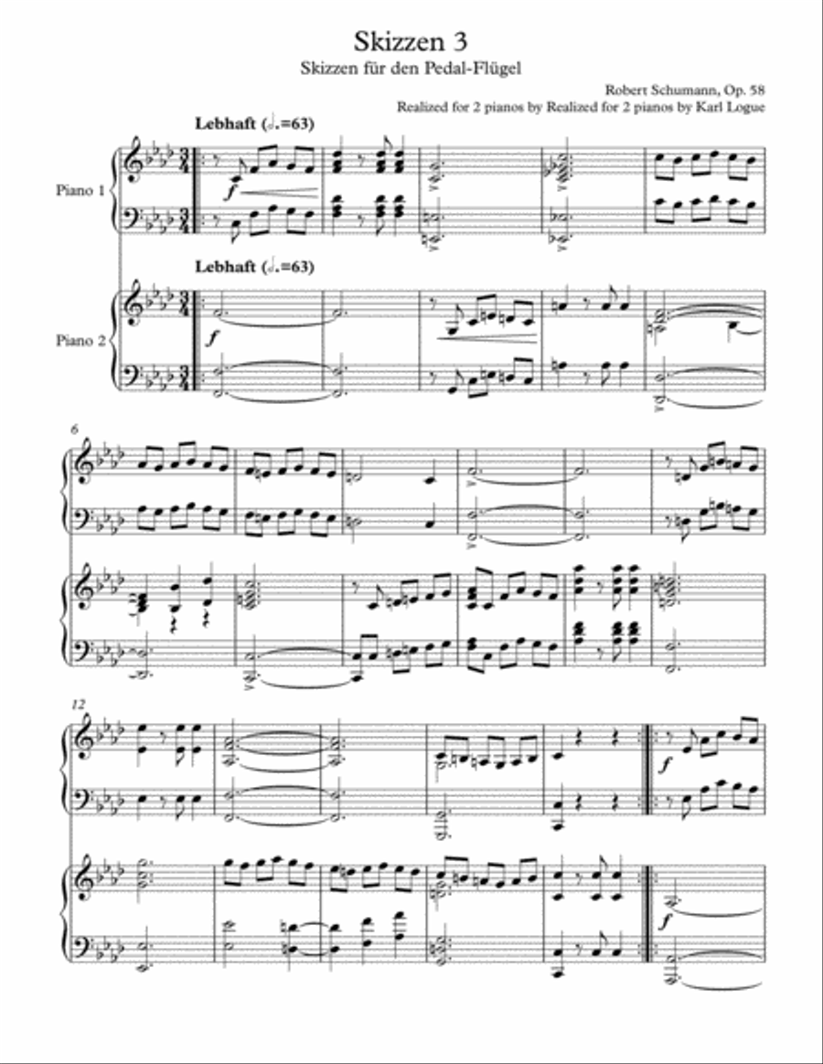 Sketch #3 (from Sketches for Pedal Piano) 2 Pianos, 4-Hands scores gallery preview page 1