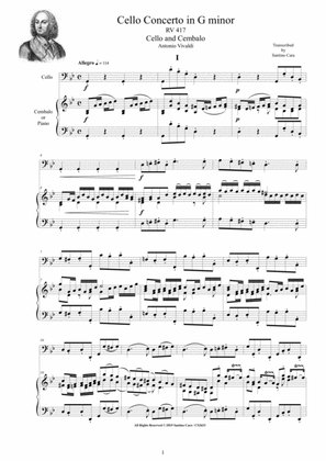 Book cover for Vivaldi - Cello Concerto in G minor RV 417 for Cello and Cembalo (or Piano)