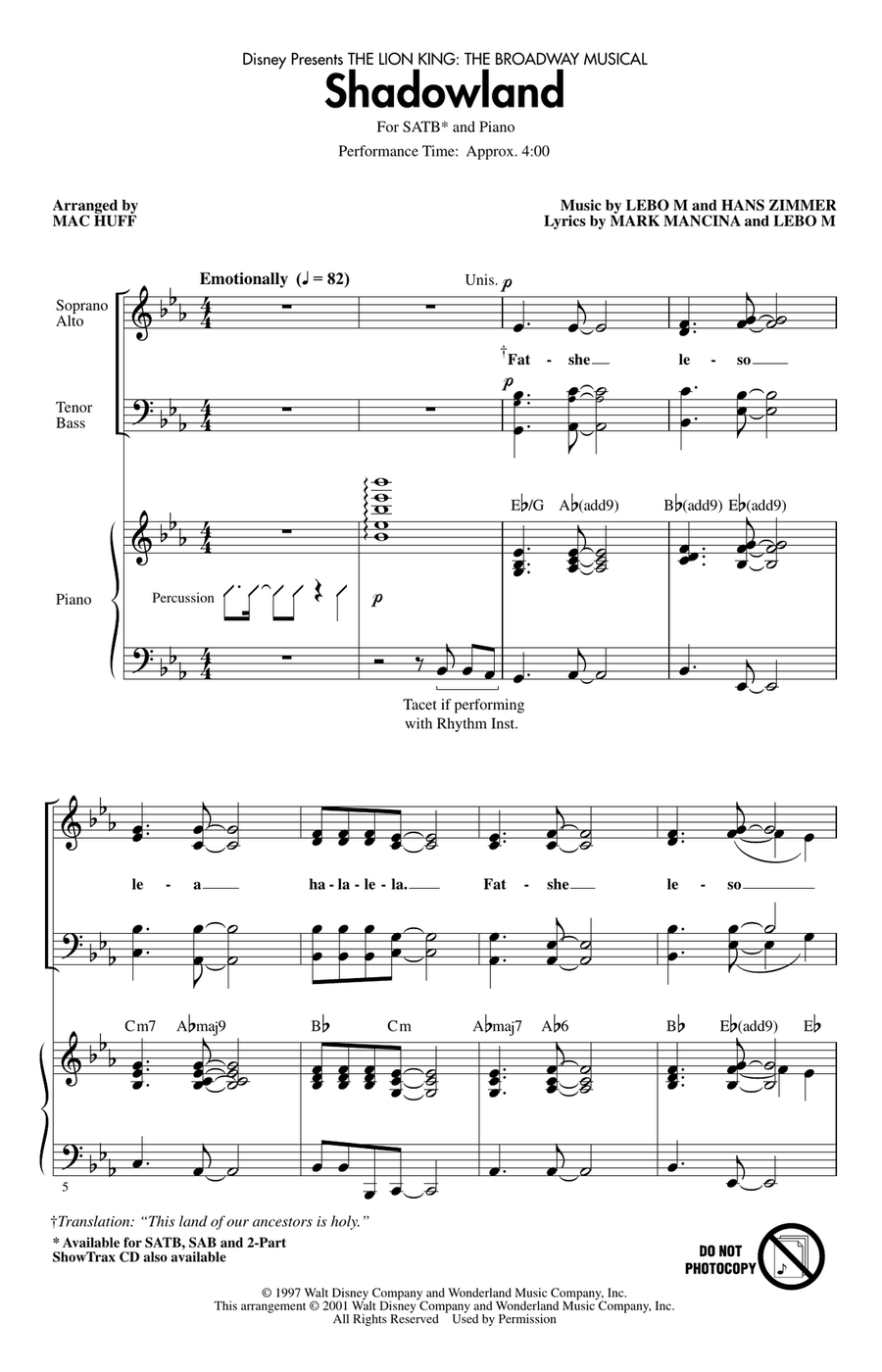 Shadowland (from The Lion King: Broadway Musical) (arr. Mac Huff) 4-Part scores gallery preview page 1