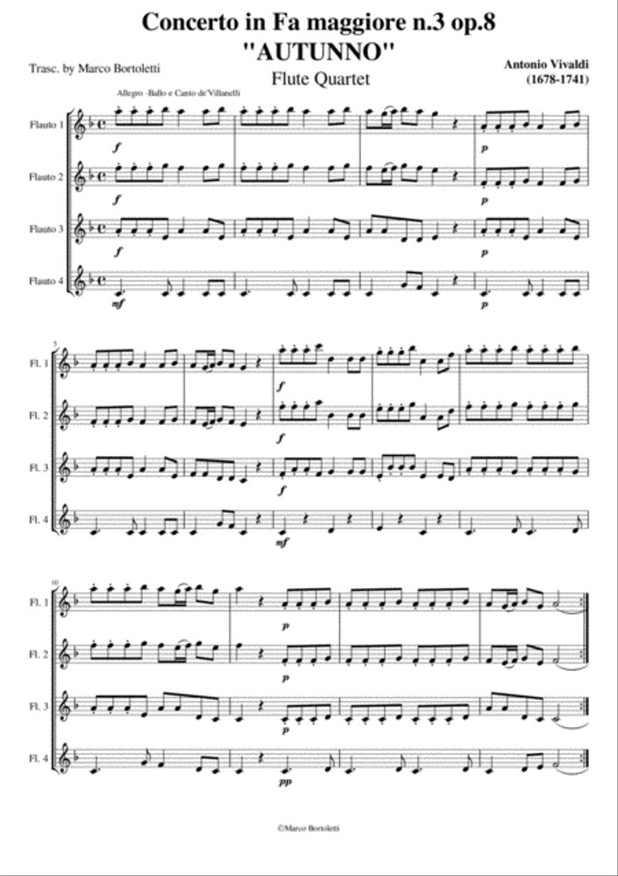 Flute Quartet trascription (First Movement) from "Autunno - Concerto in F Major op.8 RV 293"by Anton image number null