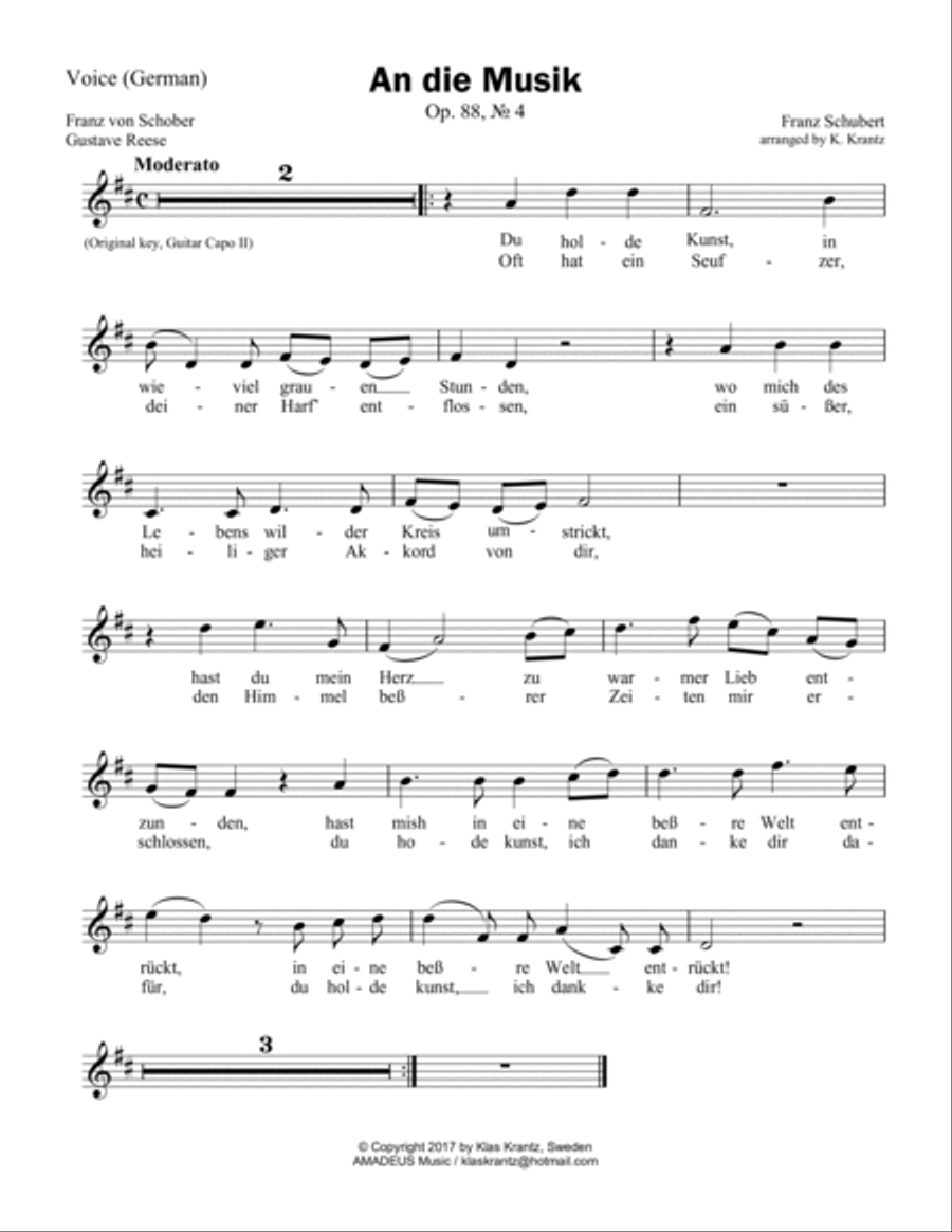 An die Musik, To Music for voice (german/english) and guitar chords (lead sheet) An die Musik, To Music for voice (german/english) and guitar chords (lead sheet) Easy Guitar scores gallery preview page 2
