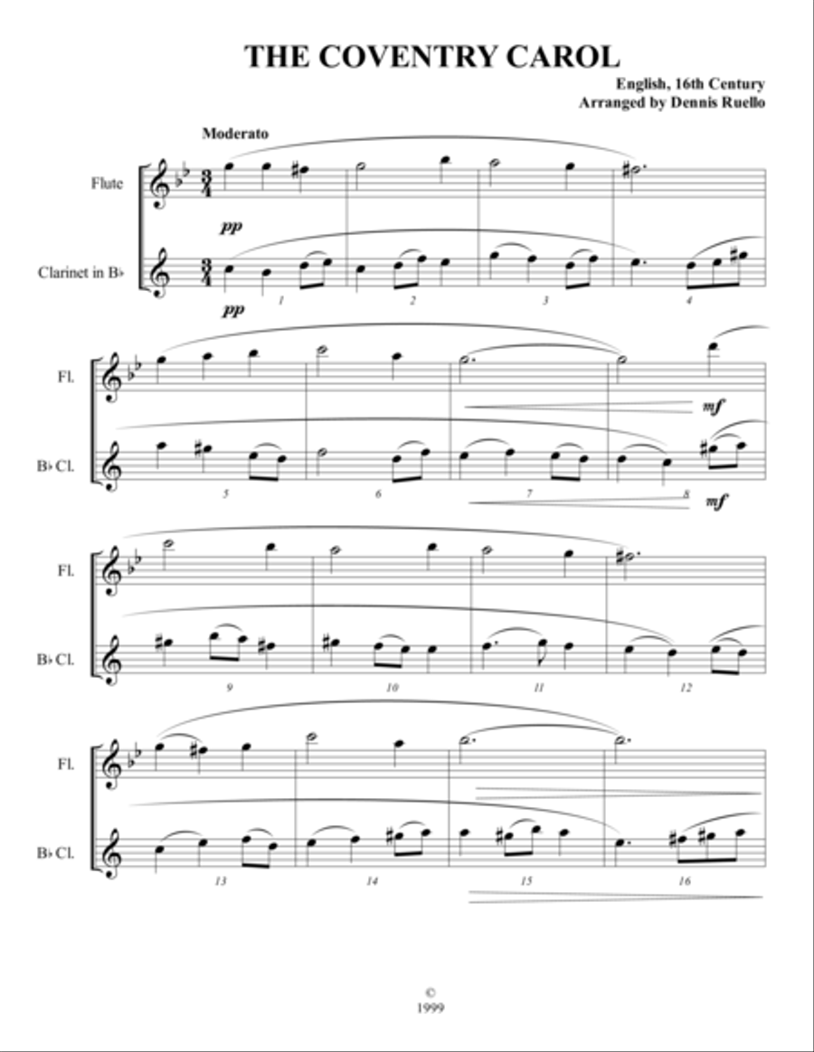 THE COVENTRY CAROL / SILENT NIGHT - Mixed Woodwind Duet - Flute and Clarinet Woodwind Duet scores gallery preview page 1