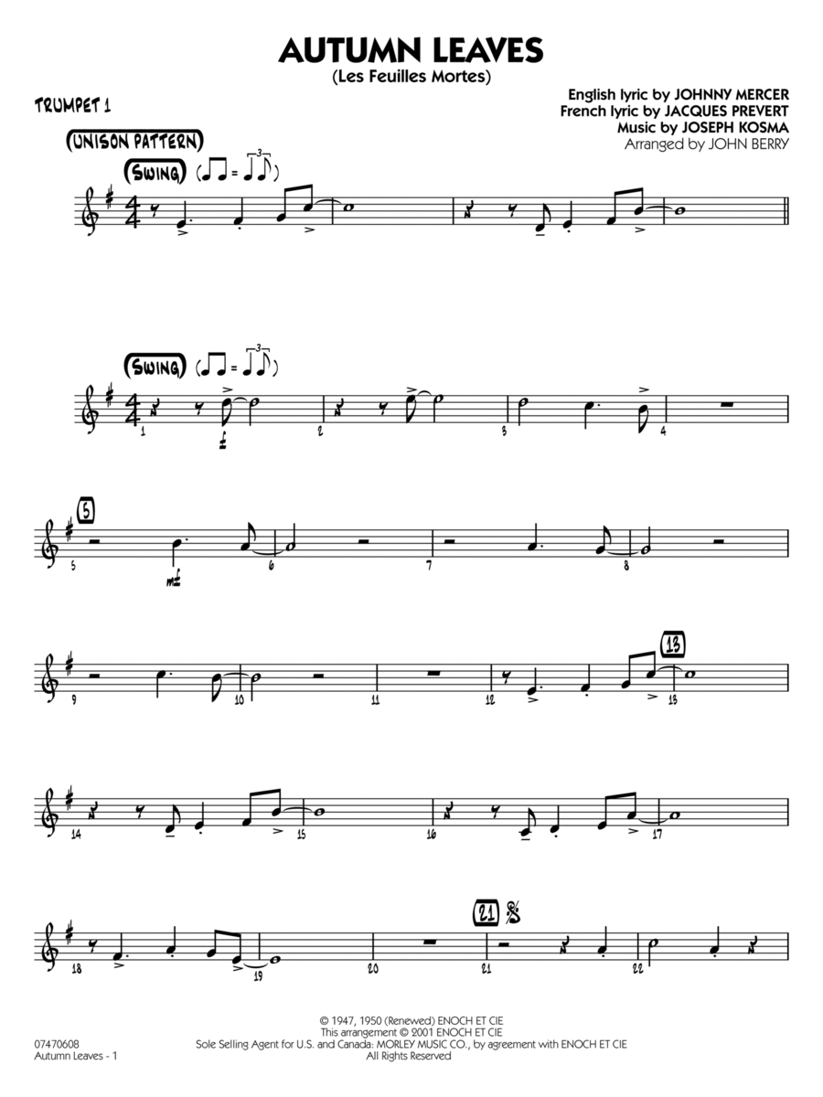 Autumn Leaves (arr. John Berry) - Trumpet 1 Jazz Ensemble scores gallery preview page 1